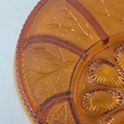 Indiana Glass Pebble Leaf Amber Egg Relish Serving Platter Vintage 12.75" Round