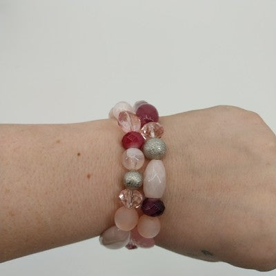 Set of 2 Bracelets Pink Red Gray Faux Pearl Acrylic Glass Faceted Beaded Stretch