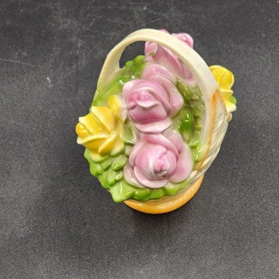 Porcelain Basket w Handle 5"h Pink Yellow Rose Bouquet 2 pcs Trinket Box Germany