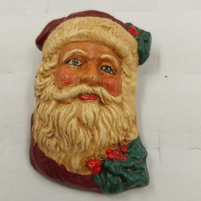 2 Old World Santa Claus Painted Clay Head Brooch Pin Christmas Holiday Vintage