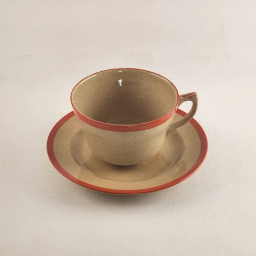 Omar Ware English Stoneware Tea Cup and Saucer Beige Orange Trim England