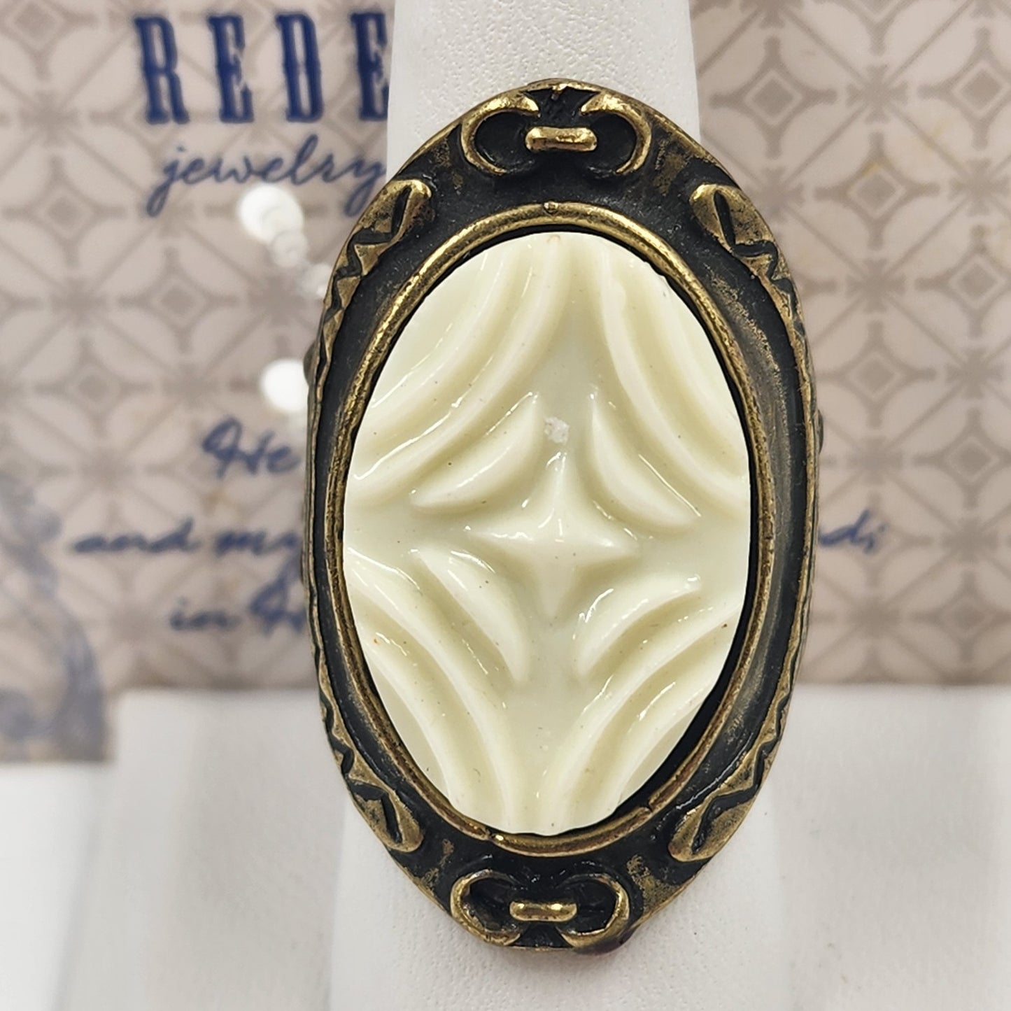 Redeemed Jewelry Ring Bronze Tone White Stone Elastic Band Psalm 91:1 & 91:2