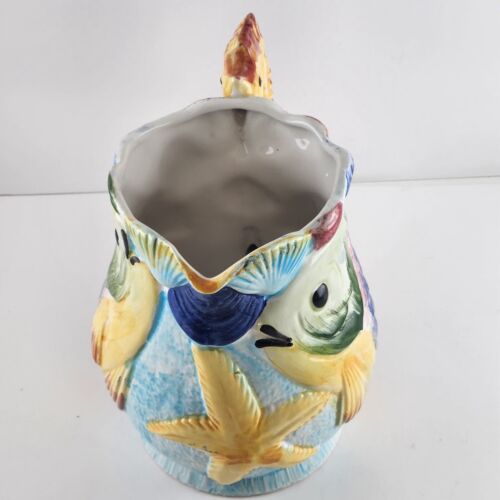 Fl Orgia Ceramic Pitcher Italy Hand Painted Seahorse Handle Fish Starfish Shells
