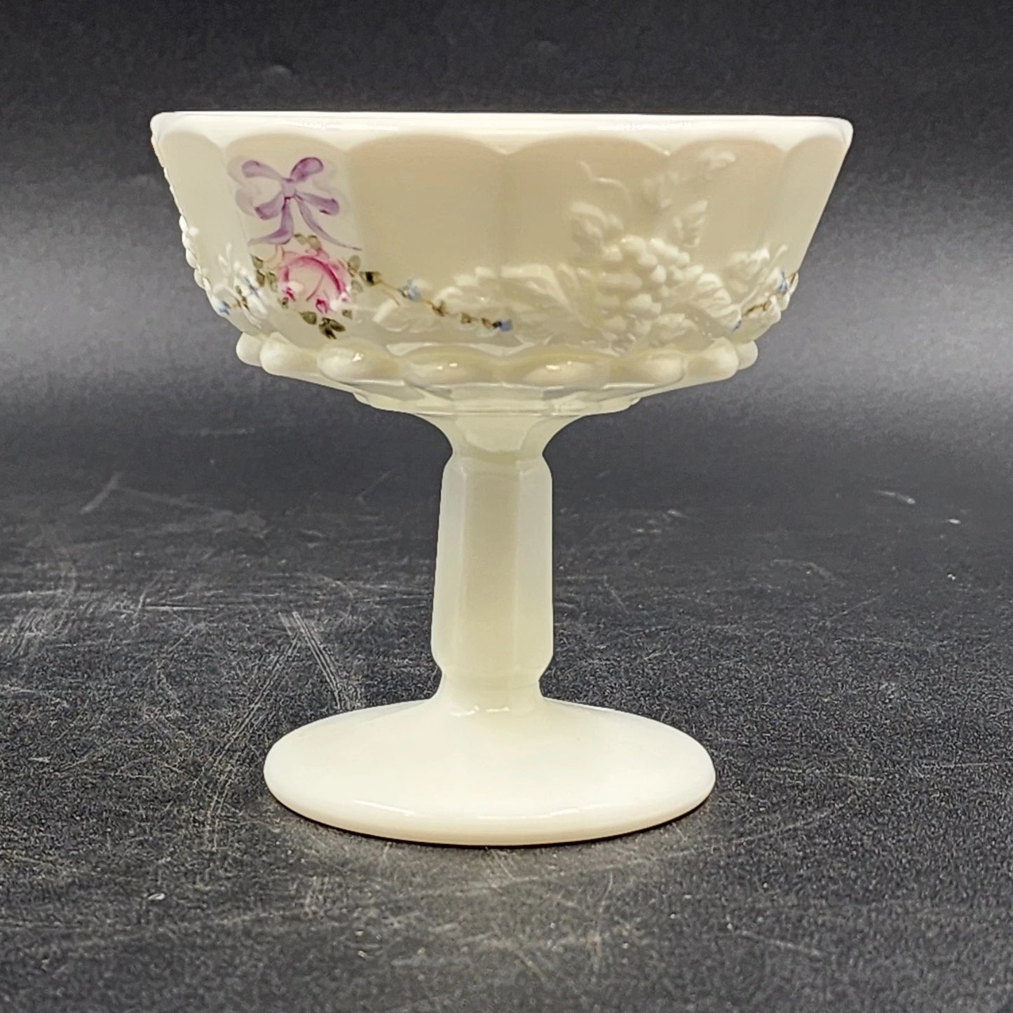Westmoreland Milk Glass Covered Candy Dish Roses & Bows Paneled Grape 7”