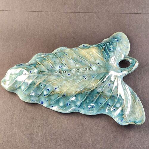 Ken Ocorr Pottery Aqua Blue Green Leaf Shell Trinket Dish Nut/Candy Bowl 10" L