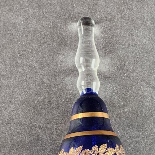 Cobalt Blue Glass Bell w Clear Handle Gold Trim Bohemia Glan Czechoslovakia 4"