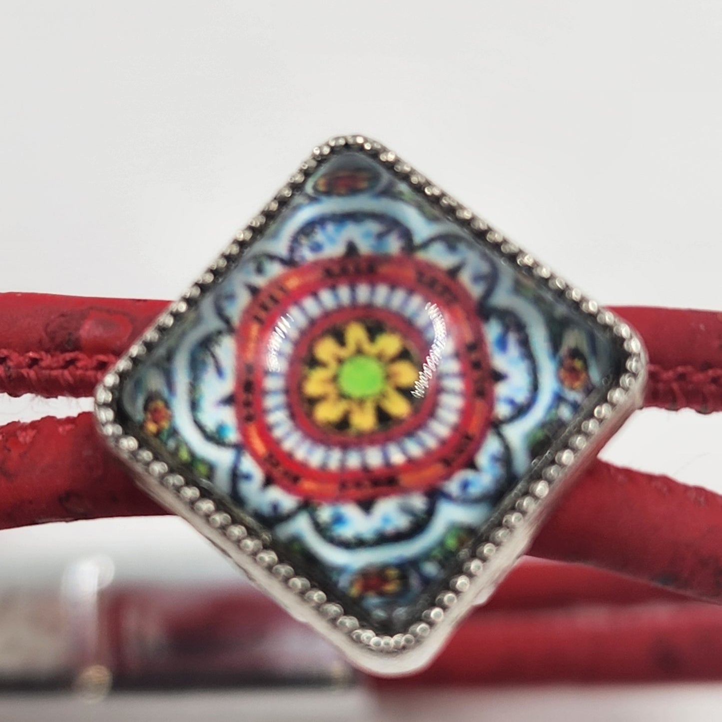 Red Cord Bracelet with Silver Tone Mosaic Slide Charm Boho Jewelry
