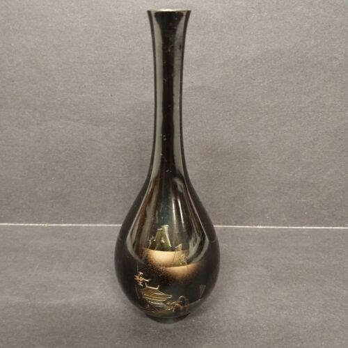 Japanese Chokin Bud Vase Black Enamel Brass 6.5" Vintage Marked Japan