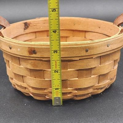 Longaberger Handwoven Button Basket w Leather Handles 6.5" Classic Stain 1997