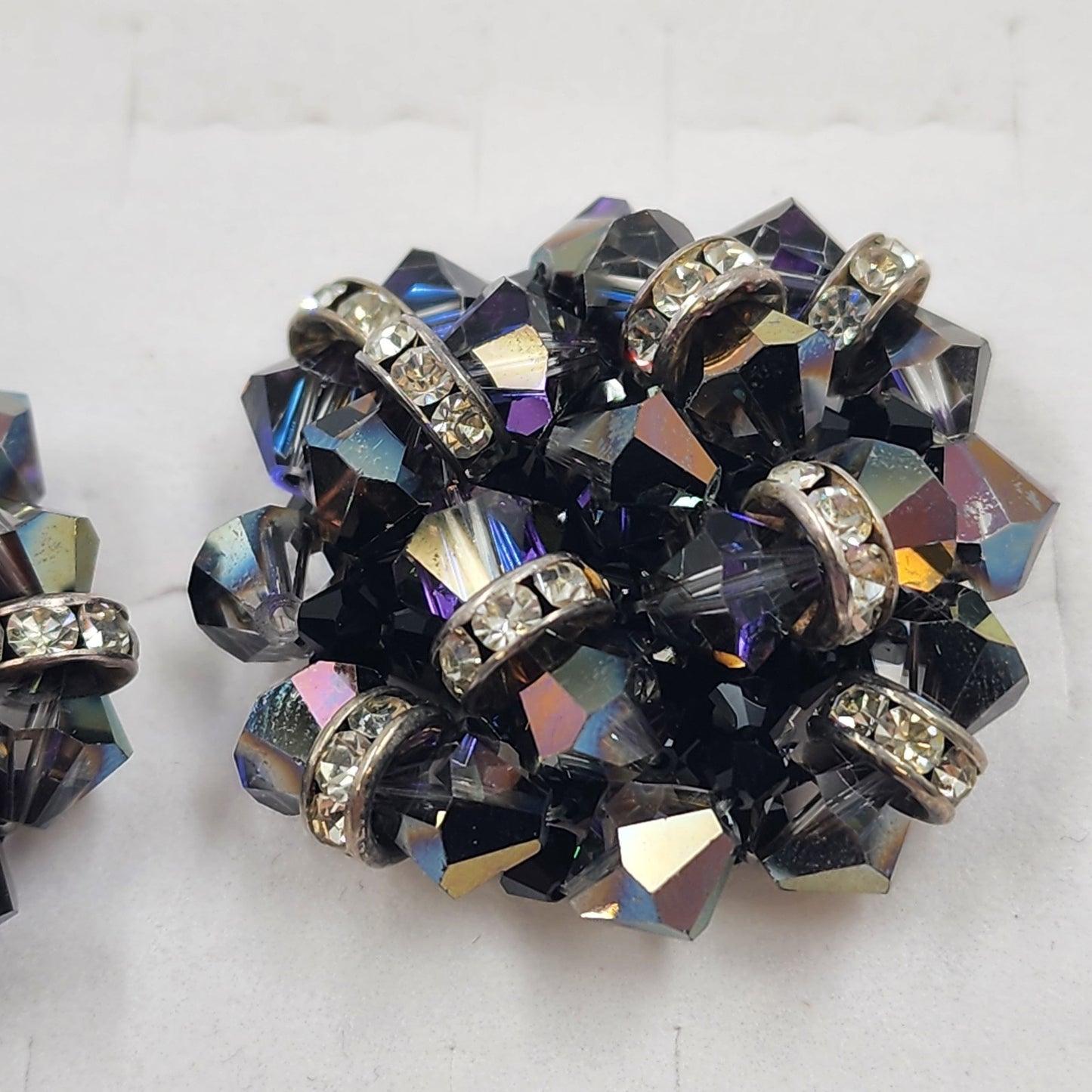 Deep Purple Bead & Colorful Rhinestone Clip Earrings Vintage 1.5” Statement