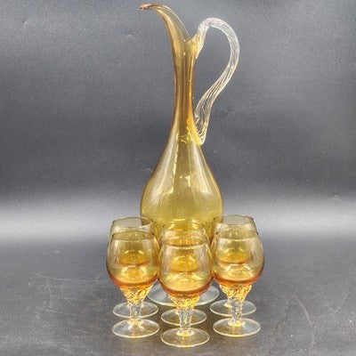 Italian Amber Glass Decanter & 6 Cordials Twisted Stems Clear Handle Vtg Elegant