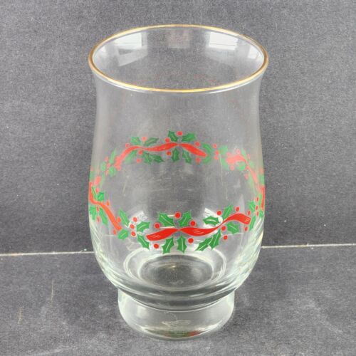 One Libby 14 oz Drink Glass Holly Berry and Red Ribbon Design 3.25" w x 5.25" h