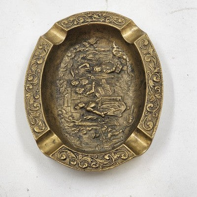 Bronze Brass Ashtray 5.5" Relief Solid Etched Casting Figures Ornate Oval Shape