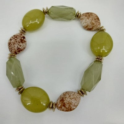 Set of 3 Bracelet Gold & Pale Green Tone Faux Pearl Faceted Oval Bead Stretch 7"