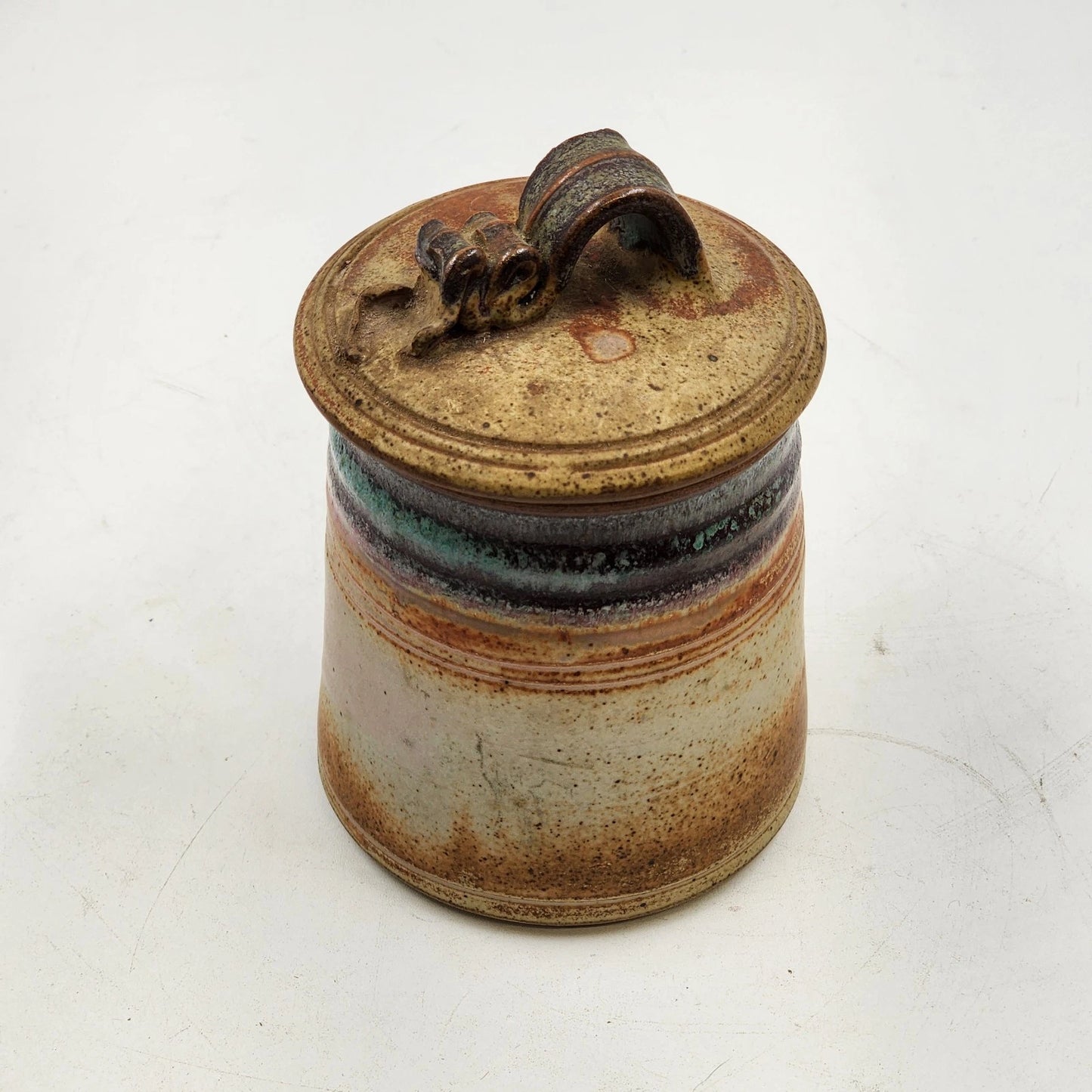 Handcrafted Speckled Stoneware Pottery Lidded Jar w Ribbon Handle Rustic Decor