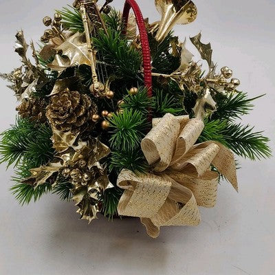 Floral Arrangement Christmas Basket Greenery Holly Red Basket 10" Gold Bow