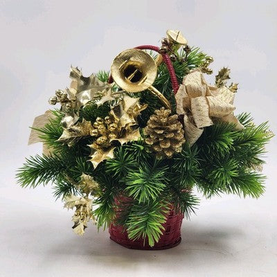 Floral Arrangement Christmas Basket Greenery Holly Red Basket 10" Gold Bow