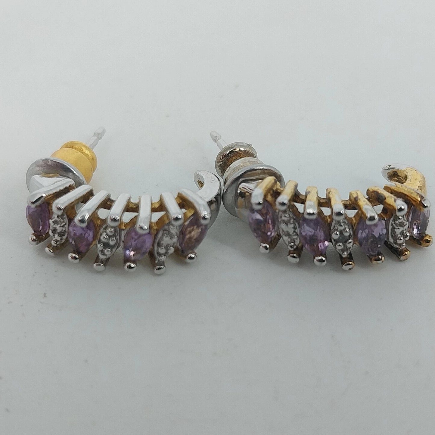 Purple Clear Marquise Crystal J Hoop Earrings Silver Tone Post Back Vintage