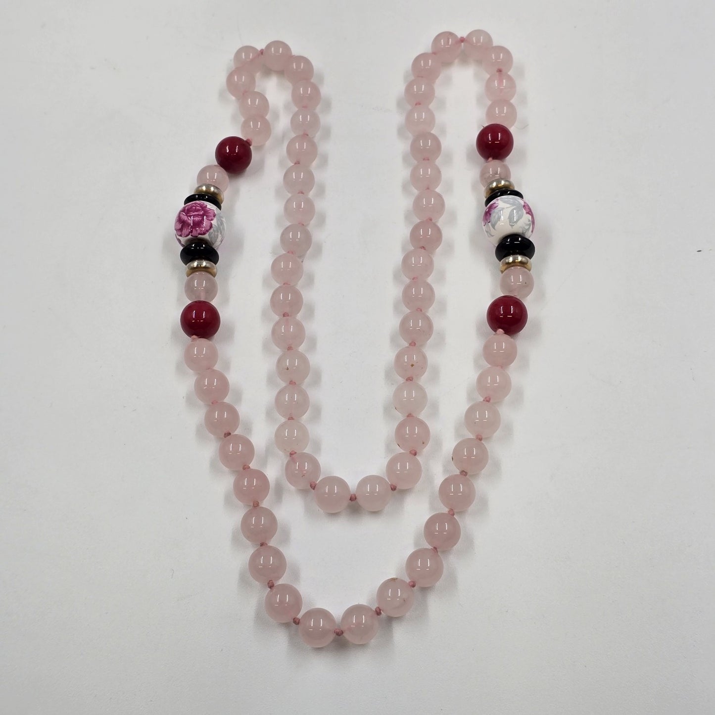Pale Pink Glass Beads with Multicolor Bead Accents Floral Motif Necklace Jewelry
