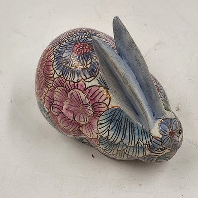 Ethan Allen Home Collection Ceramic Bunny Rabbit Figurine Pink Blue Floral 6"x3"