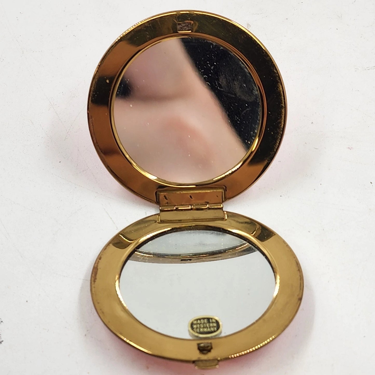 Guilloche Enamel Compact Hot Pink Red Mirror Brass Rim West Germany