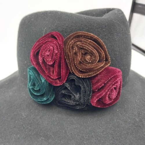 Henri Bendel New York Italy Hat Flowers Black Gray Wool 12" Bowler Rim Vintage