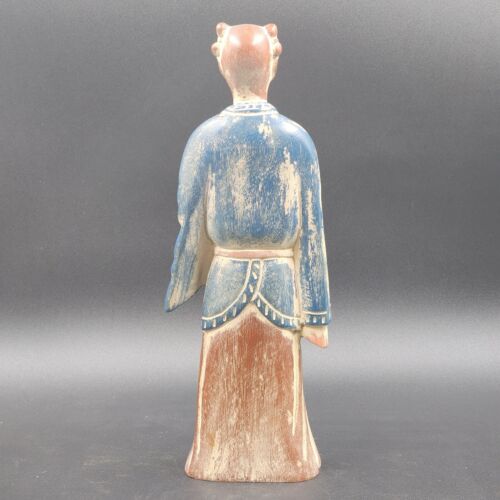 Pair of Asian Chinese Hand Carved Painted Wood Figurine Statues Vintage 14"