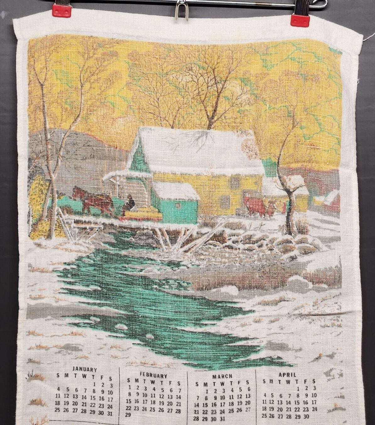 1976 Calendar Linen Kitchen Tea Towel with Creek in The Woods and Forrest