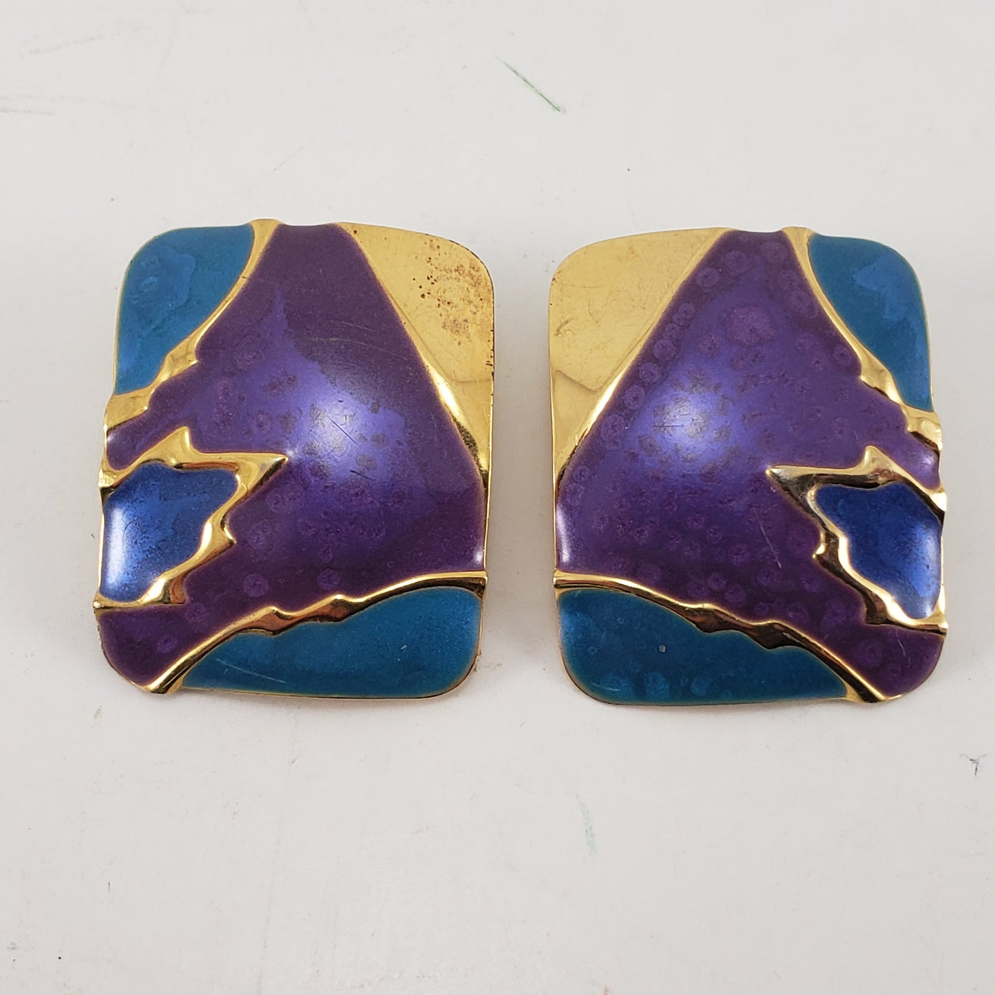 Vintage Square Gold Tone Blue Purple Enamel Clip On Earrings