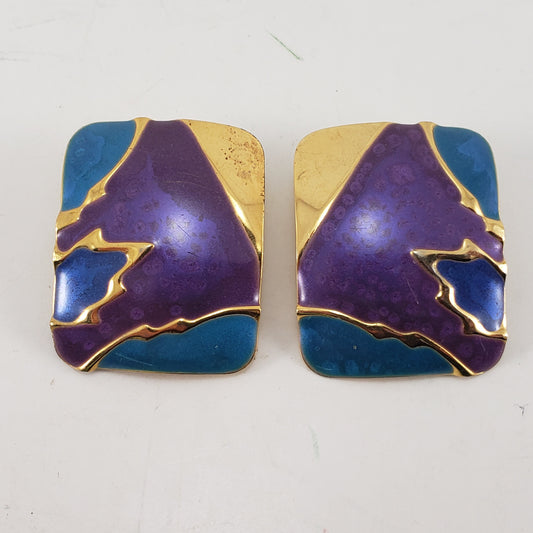 Vintage Square Gold Tone Blue Purple Enamel Clip On Earrings
