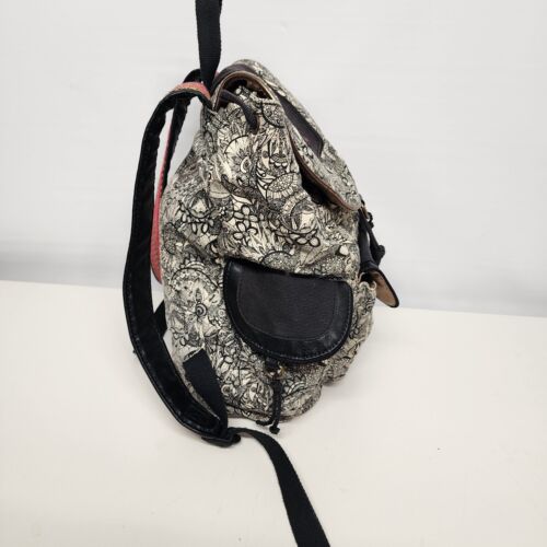 Sakroots Black White Flap Backpack Drawstring Peace Pattern Cotton Leather Trim