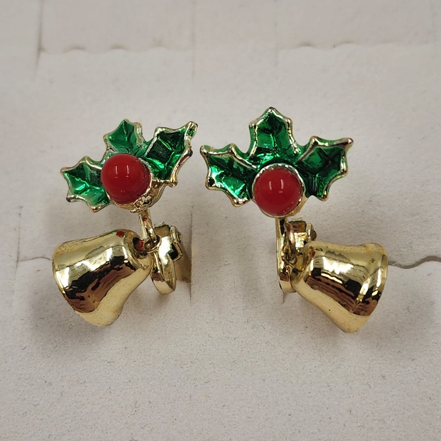 Gold Tone Holly & Bell Clip Earrings Vintage Christmas Fashion Jewelry 0.75"