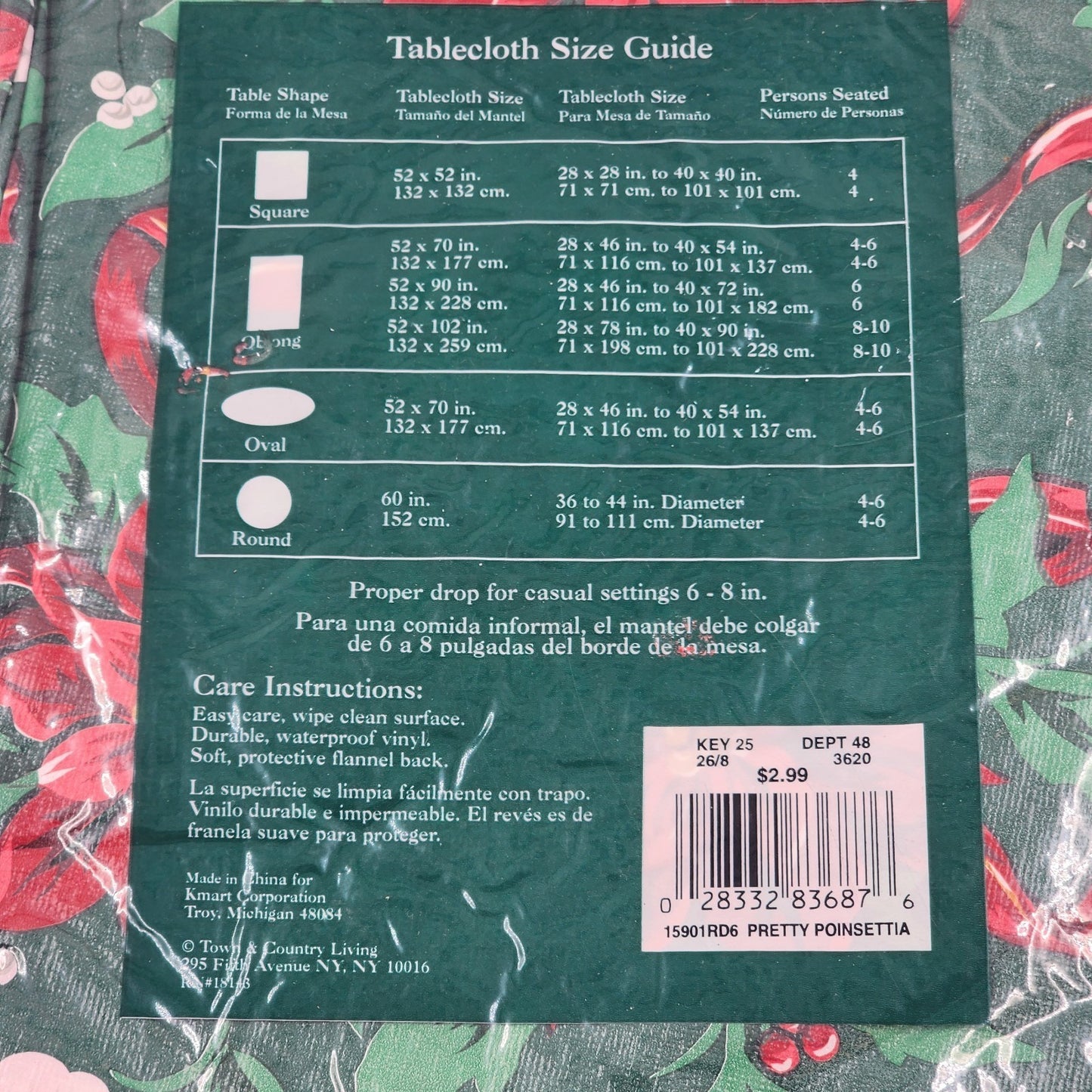 Trim A Home Vinyl Tablecloth Kmart Green Holiday Pretty Poinsettia Round 60” NEW