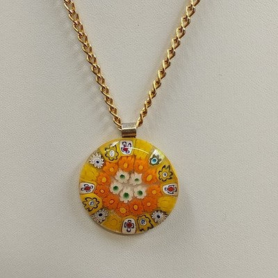 Murano Millefiori Glass Pendant Necklace Gold Tone Chain 22" Vtg Lobster Claw