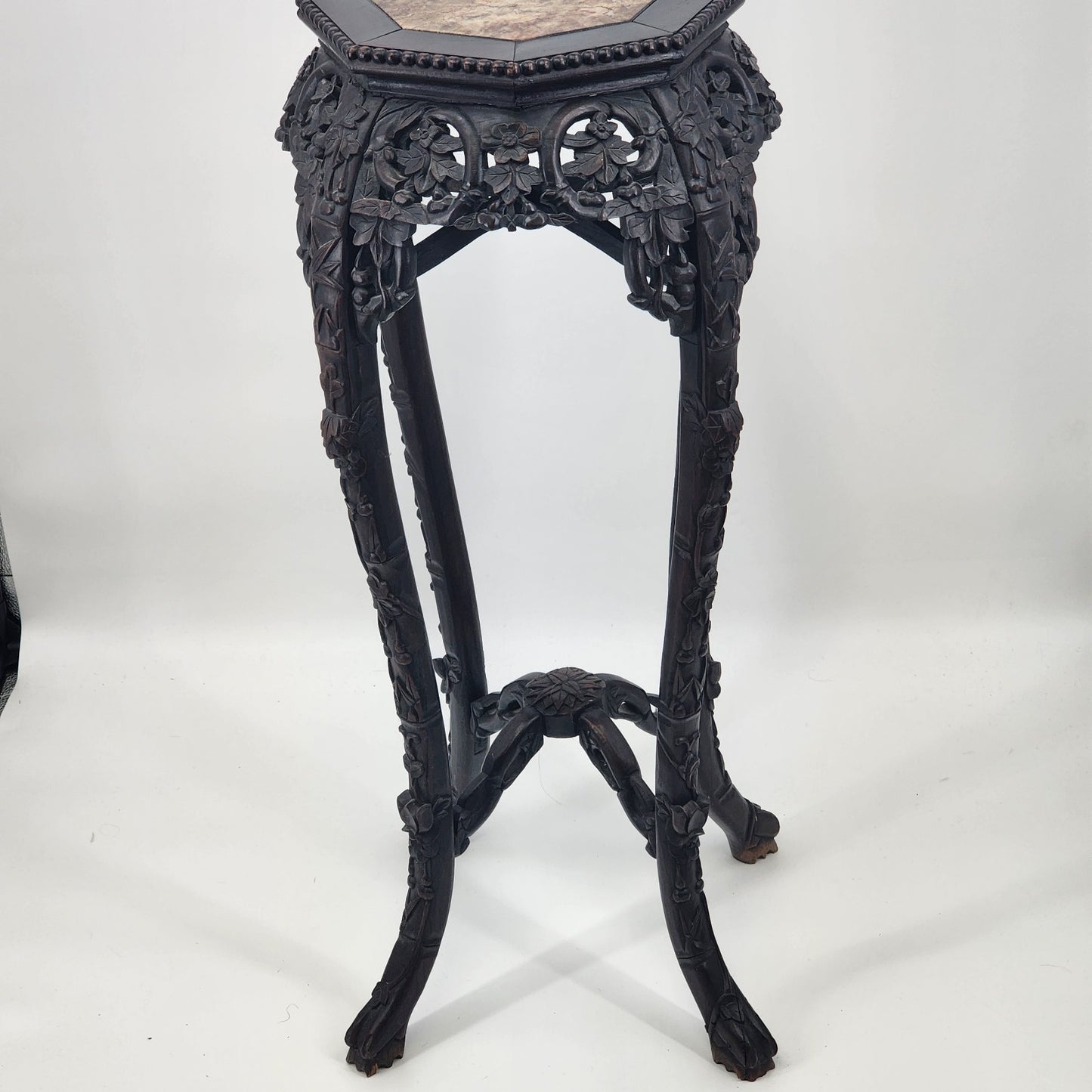 Chinese Jardiniere Tall Stand Hand Carved Wood Marble Side Pedestal Table 35"