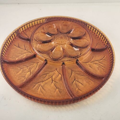 Indiana Glass Pebble Leaf Amber Egg Relish Serving Platter Vintage 12.75" Round