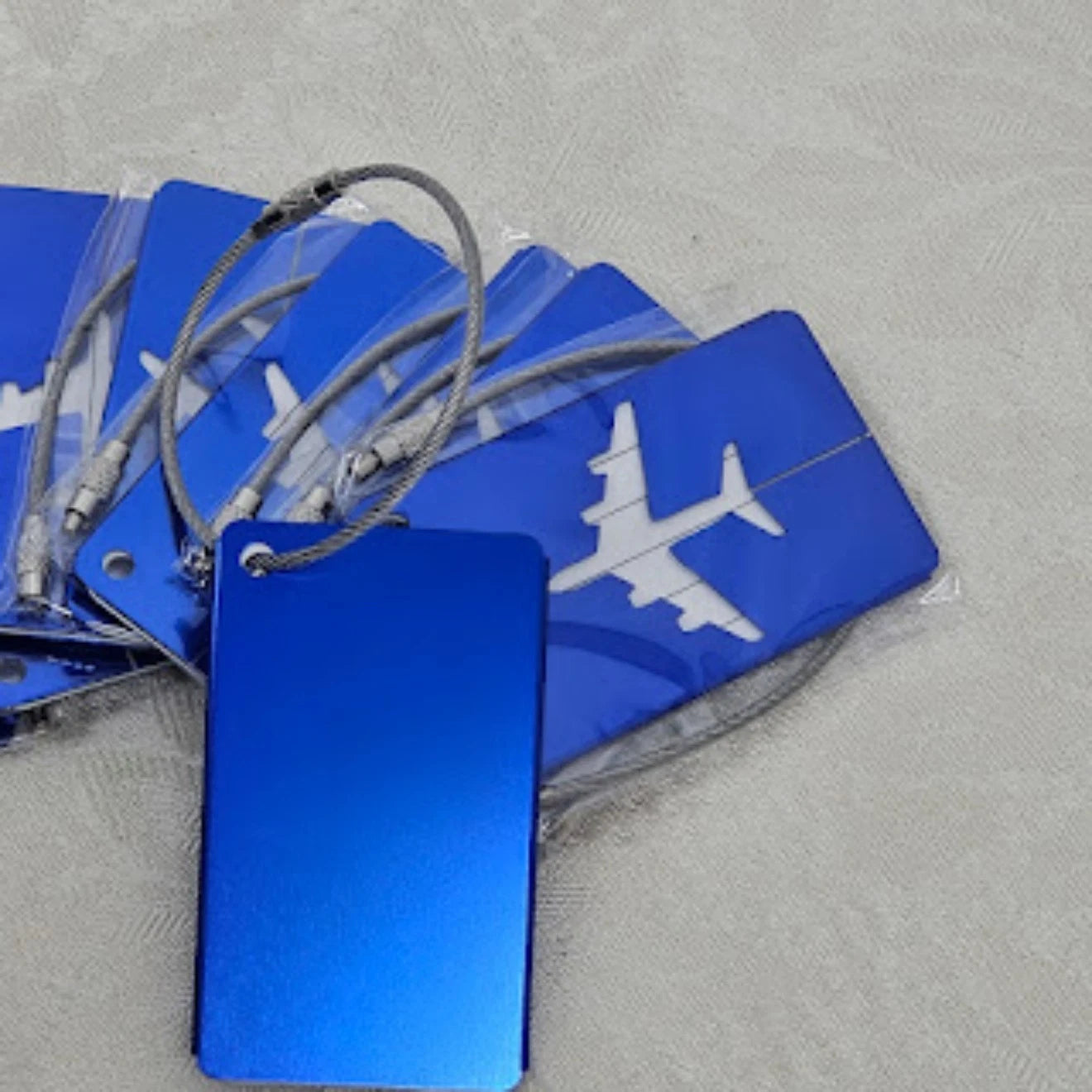 10pc Metallic Blue Travel Aluminum Luggage Tags Airplane 3" Cable Loop Lock NOS