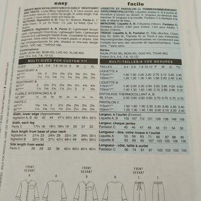 Butterick B5433 Sewing Pattern 2009 Uncut Unisex Nightshirt & Pants S-XL