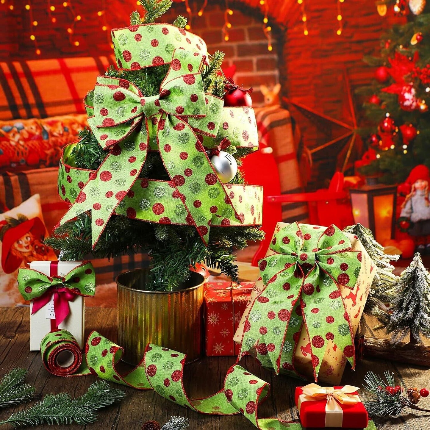 Giegxin 4 Rolls 40 Yard Ribbon Green Dots 10Yd x 2.6"W Wired Crafts Bows Wreath