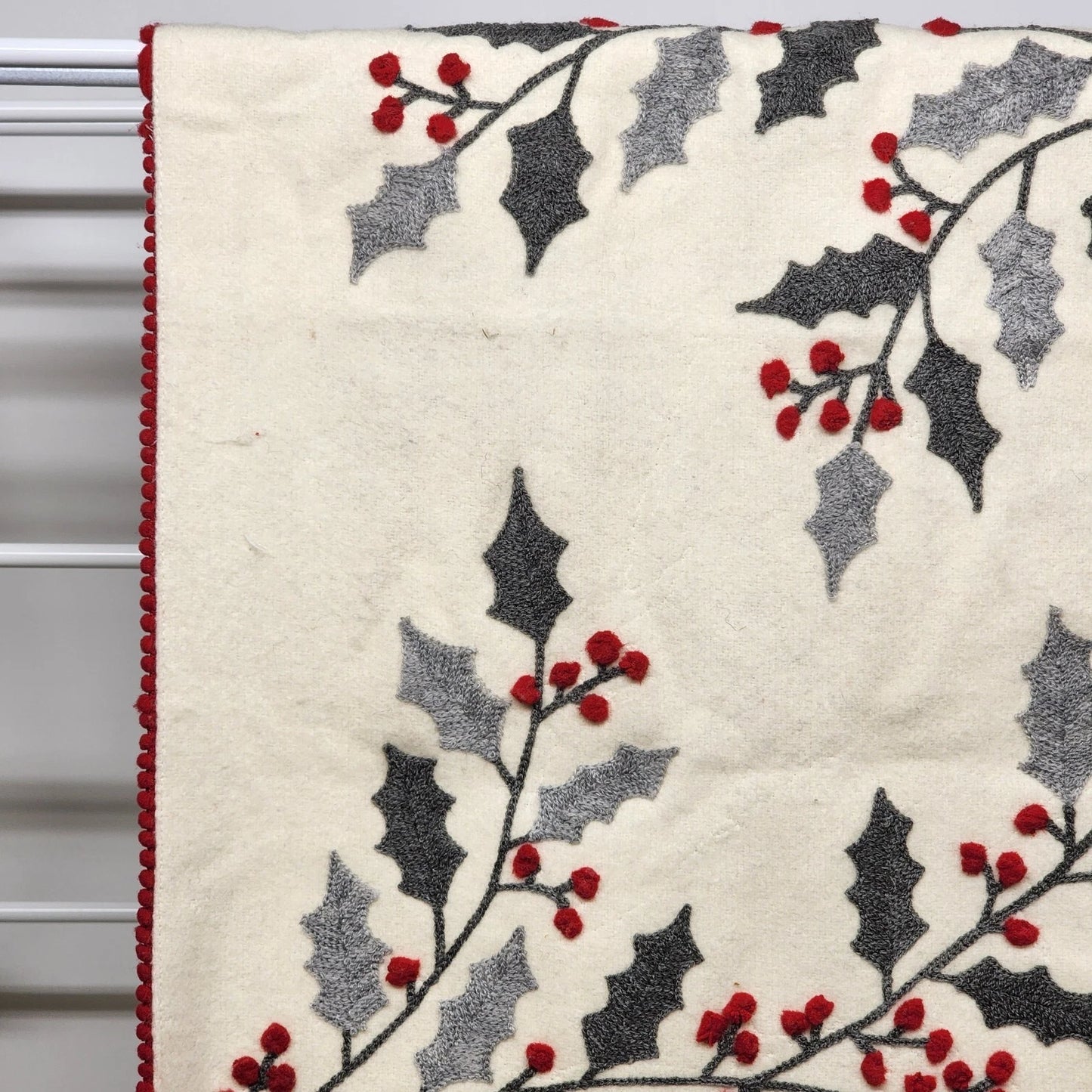 Artisan NY Home Table Runner Holly Bough Embroidered Red Trim 72"x18" Holiday