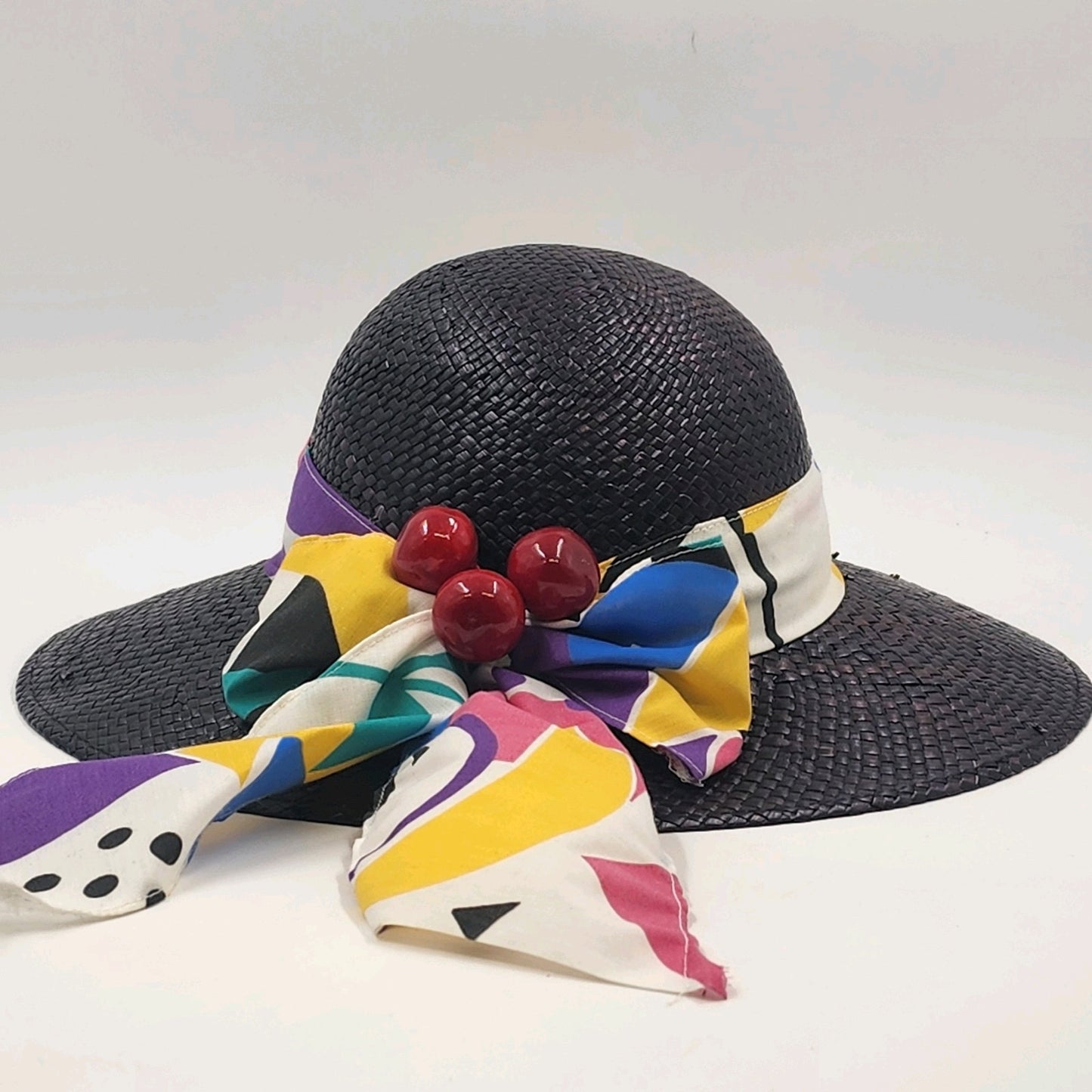 Women's Straw Sun Hat Wide Brim Black Colorful Bandana Cherry Band Medium NOS