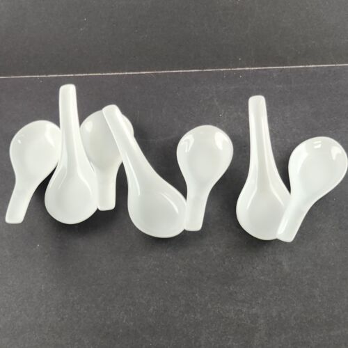 7 White Rice Soup Spoons Porcelain Asian Japanese Chinese No Design 5.5" L Vtg