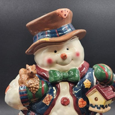 Ceramic Snowman Cookie Jar 13" w/ Birdhouse, Deer, Squirrel, Hat & Bowtie