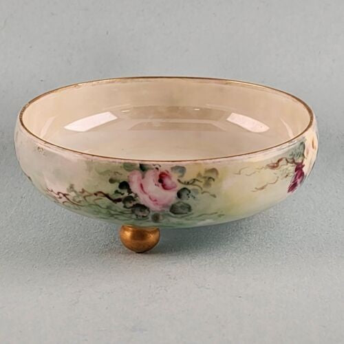 TV Limoges France Bon Bon Bowl 5" Hand Painted Footed Pink Roses Porcelain China