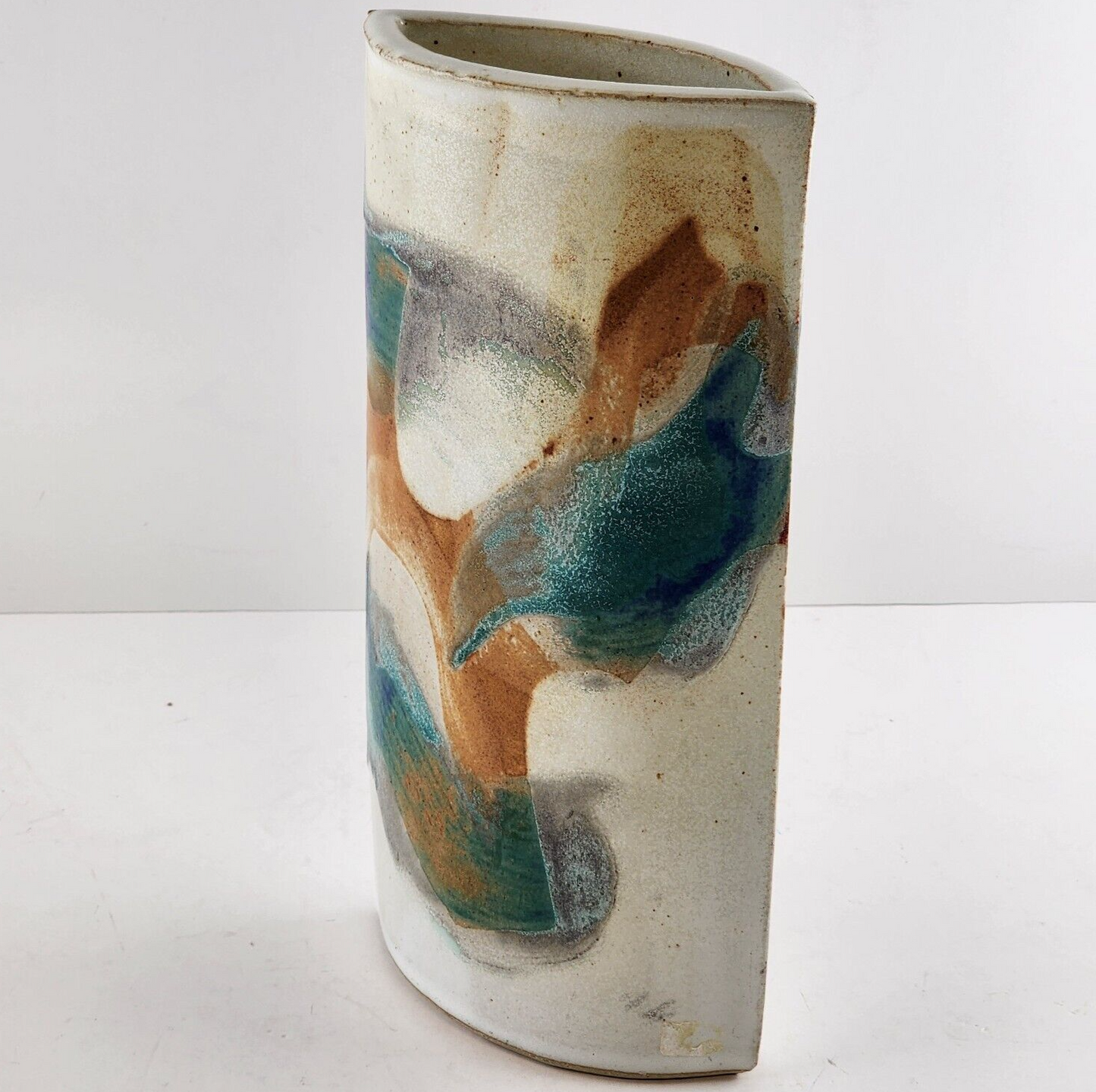 Evelyn LaMers Pottery Handmade Ellipse Vase Distinct Glaze Coloring 9.5" Vintage