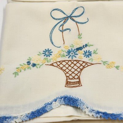 Set of 2 Embroidered Pillow Cover Cases with Blue Floral Basket Design Vtg 29"