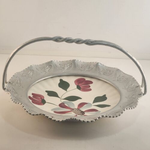 Blue Ridge Pottery Plate in Hammered Aluminum Basket Handle Vintage