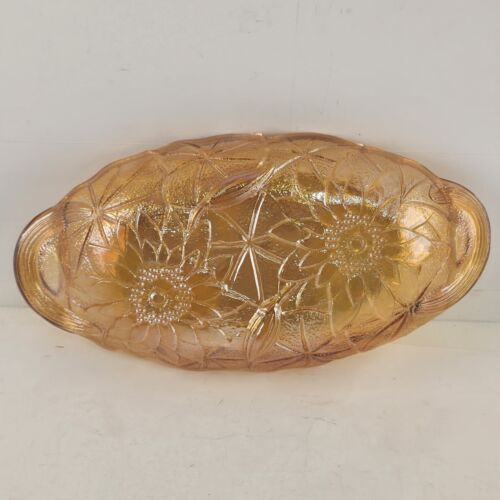 Indiana Glass Celery Dish Sunflower Oval Candy Nut Closed Handles Amber Vintage
