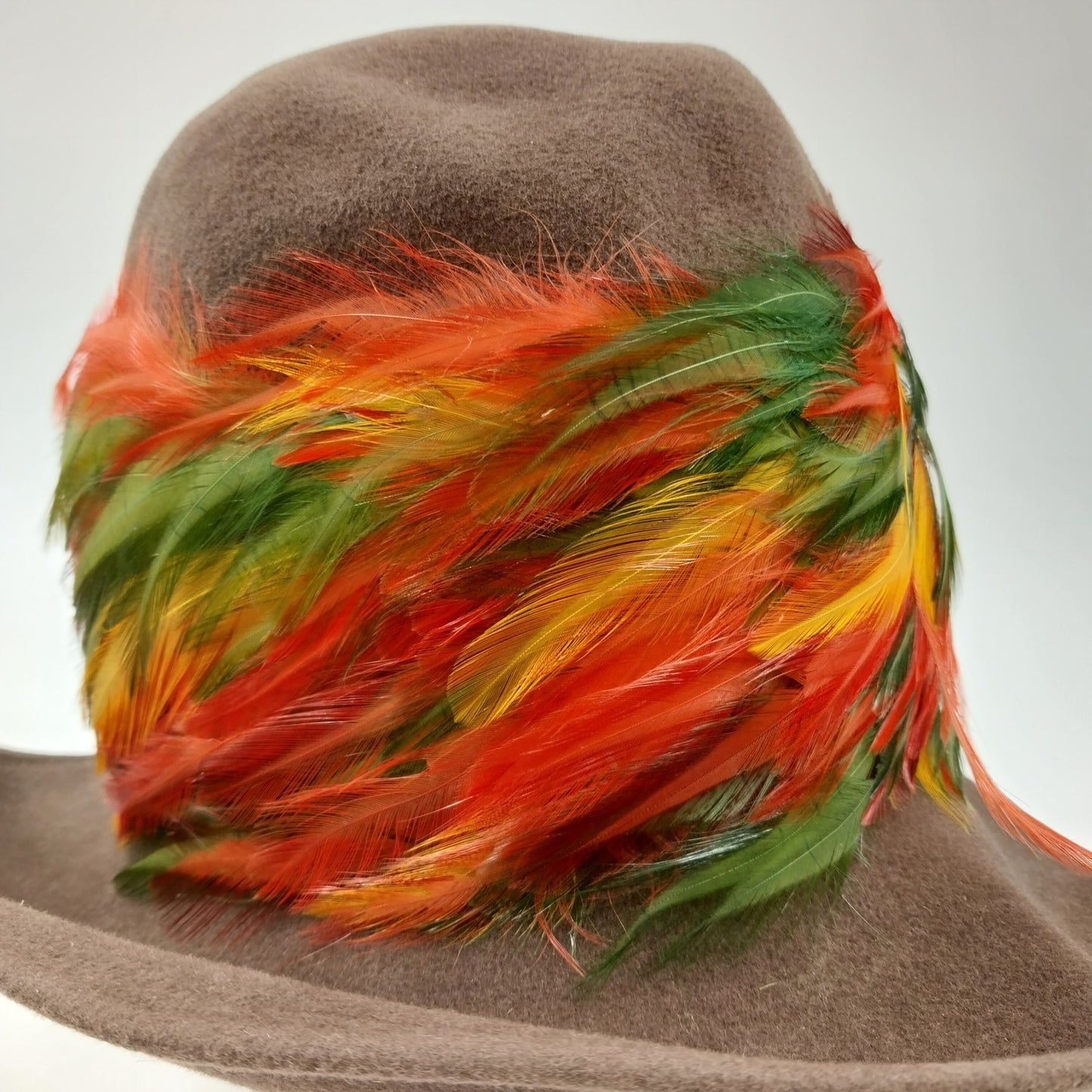 Mr Josephs Original Brown Fedora Felt Coche Hat w Multicolor Feathers New York