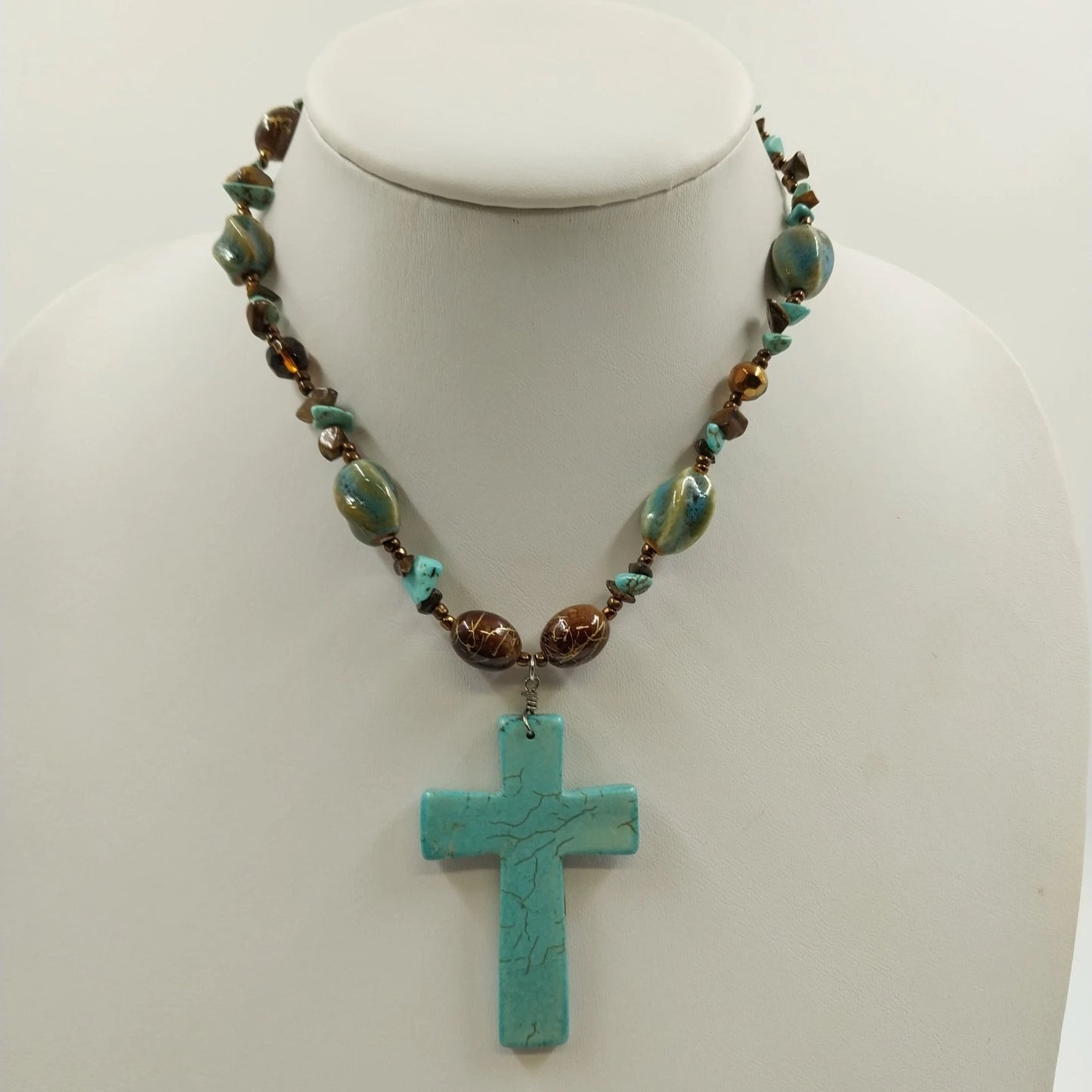 2 Pendant Necklaces Turquoise Stone Cross & Black Cord Beaded Mix Shaped